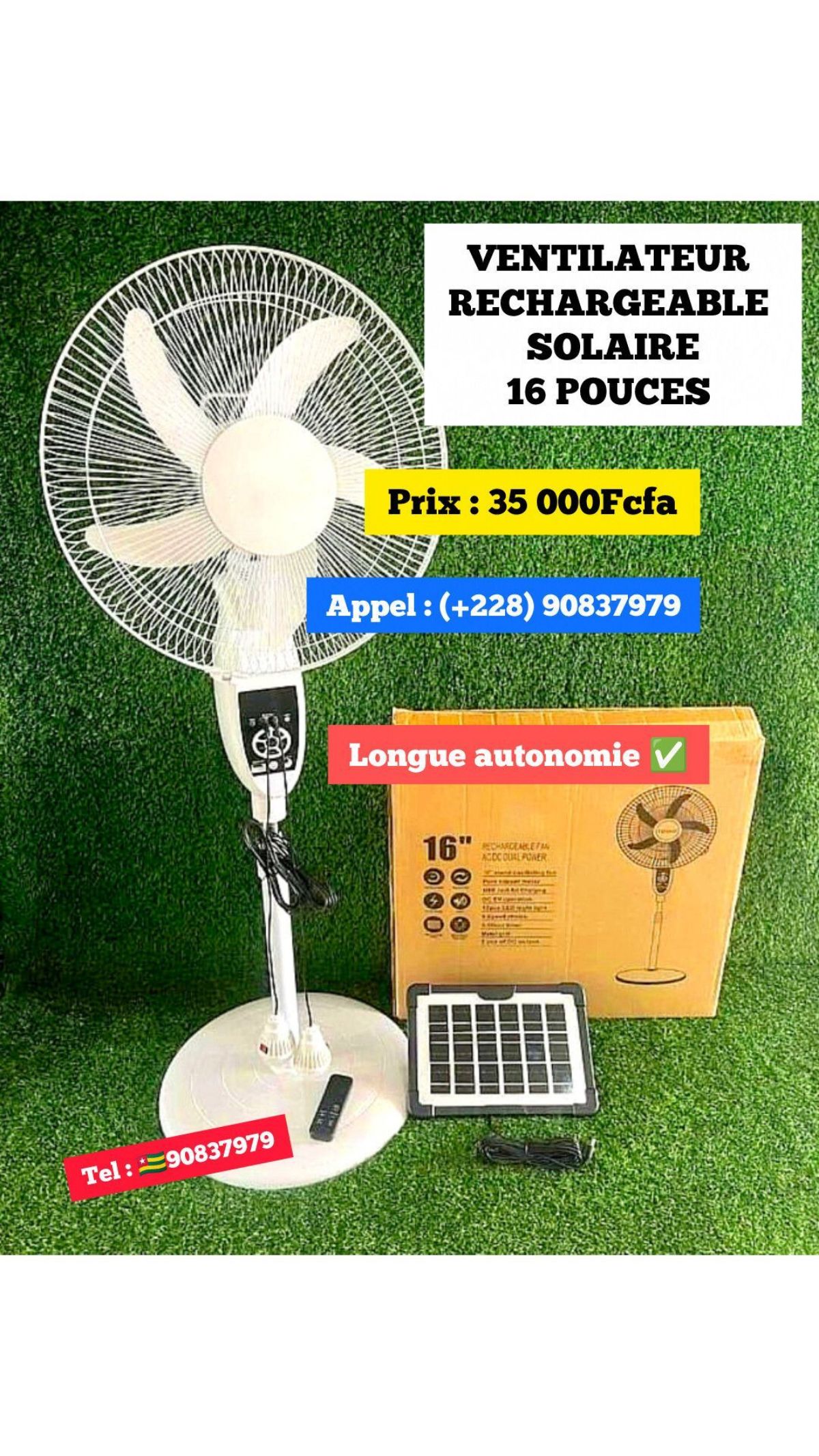 Ventilateur rechargeable solaire 16 pouces
