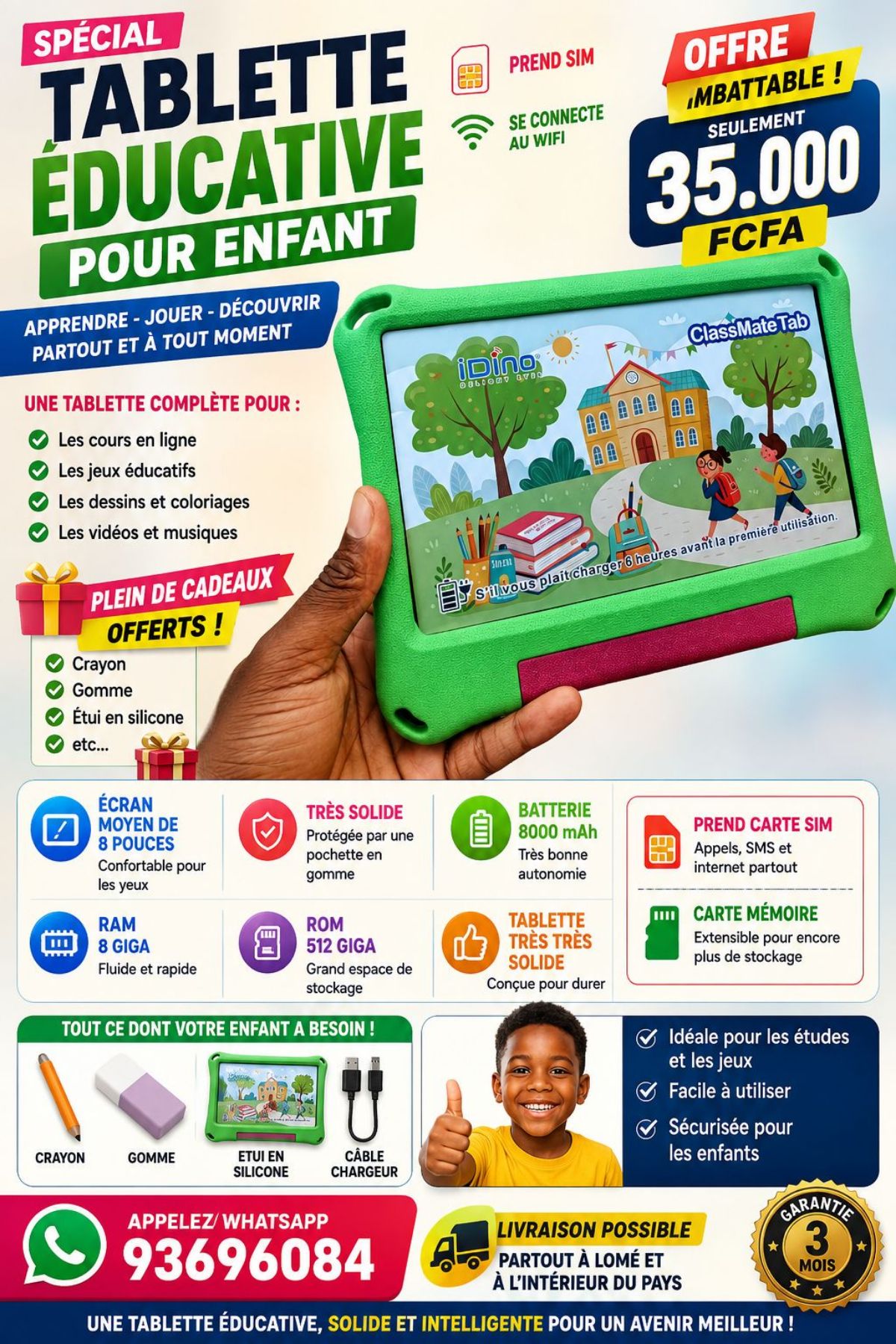 Tablette enfant très solide avec pochette