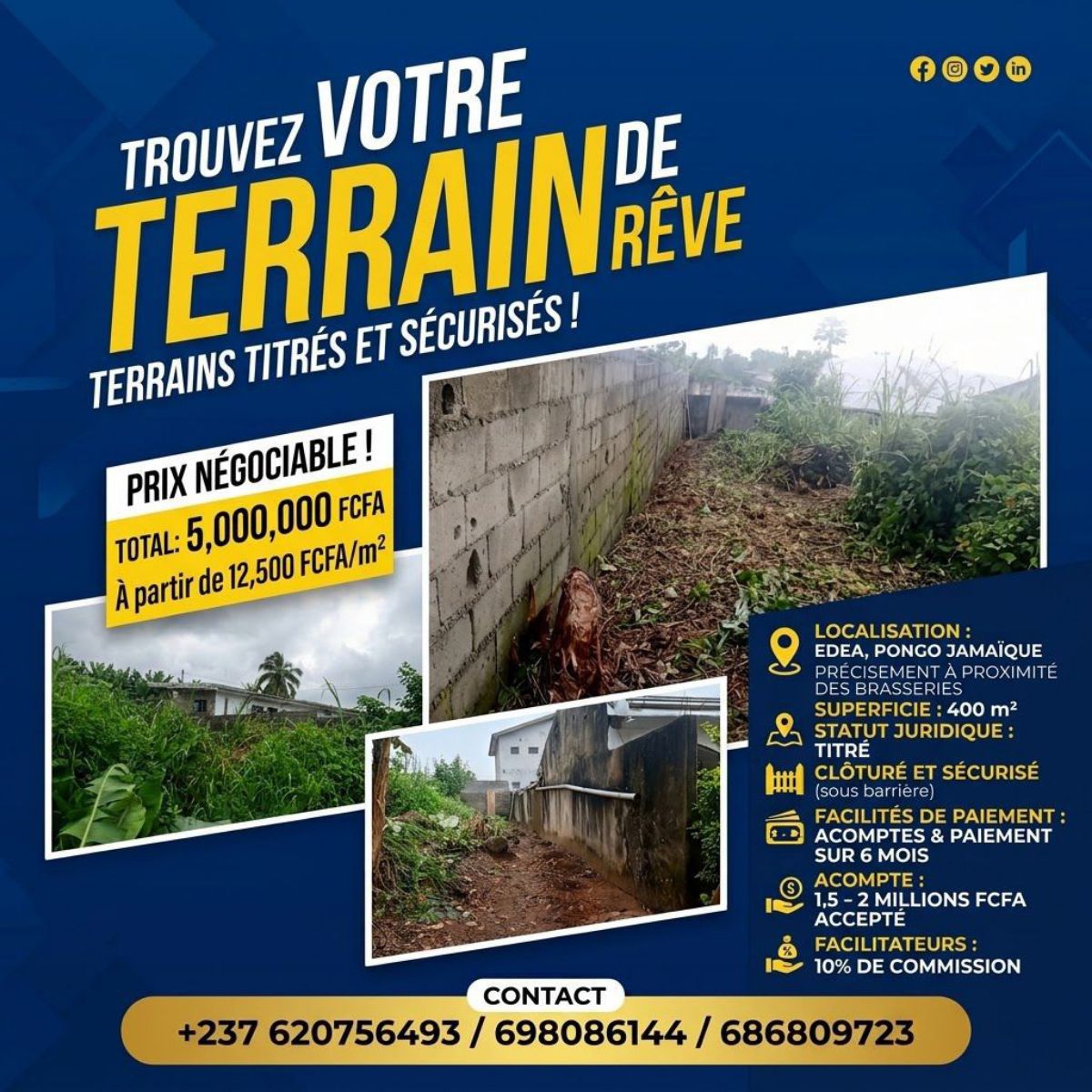 Vente terrain 400 m² paiement échelonné sur 6mois