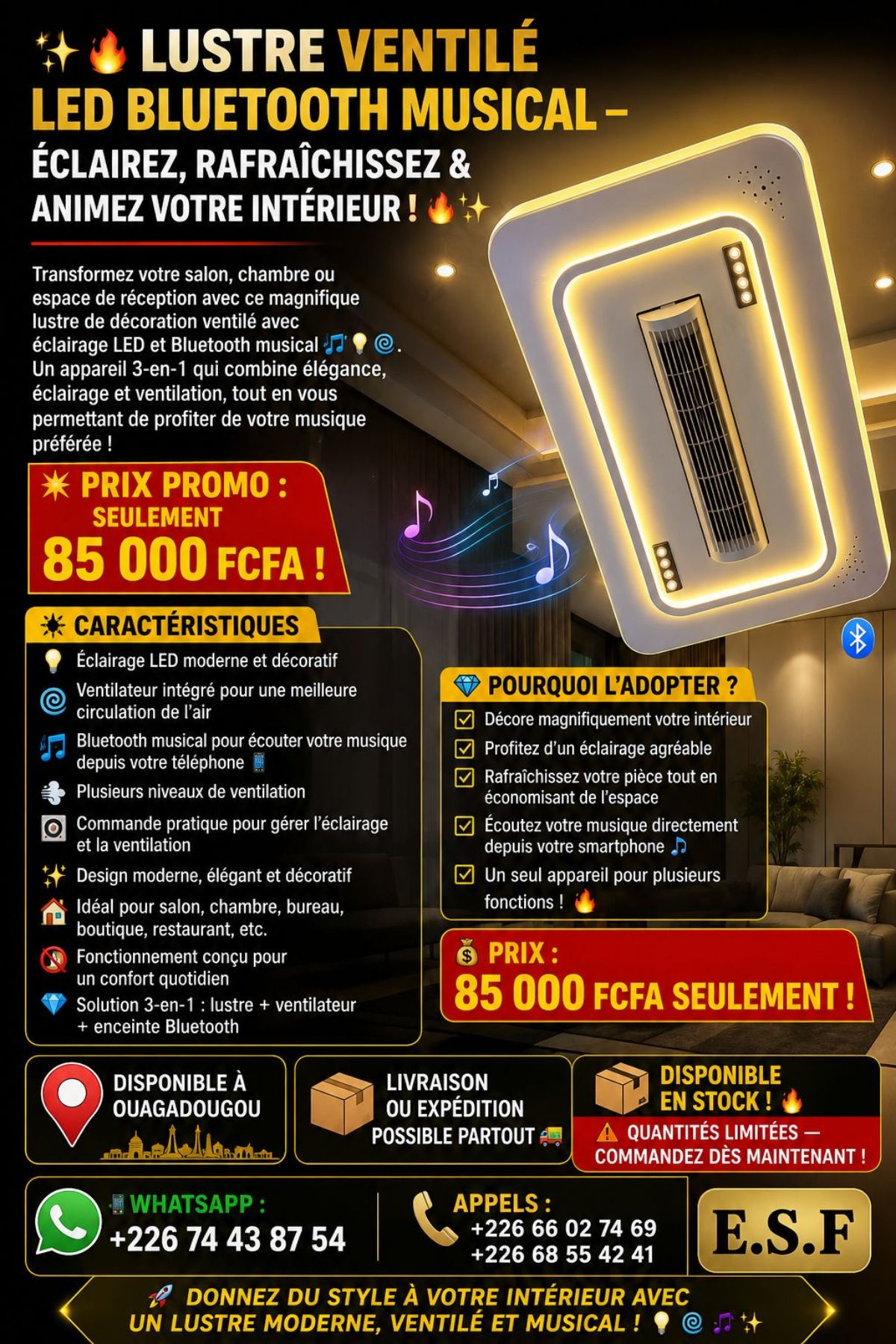 LUSTRE VENTILÉ LED BLUETOOTH MUSICAL – ÉCLAIR